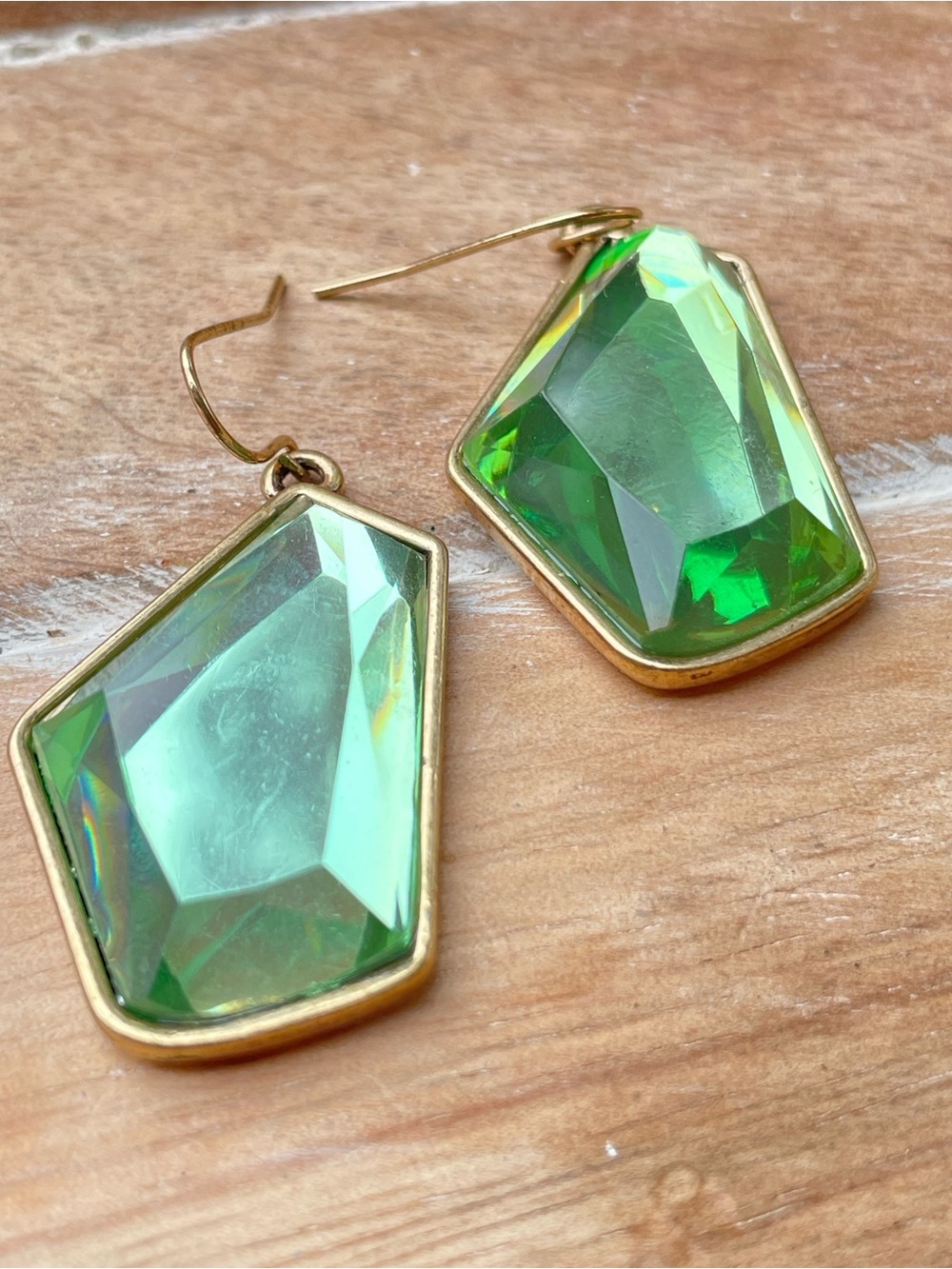 Gold-Trim Green / Aqua Crystal Faceted Glass Drop Earrings - Womens Jewelry